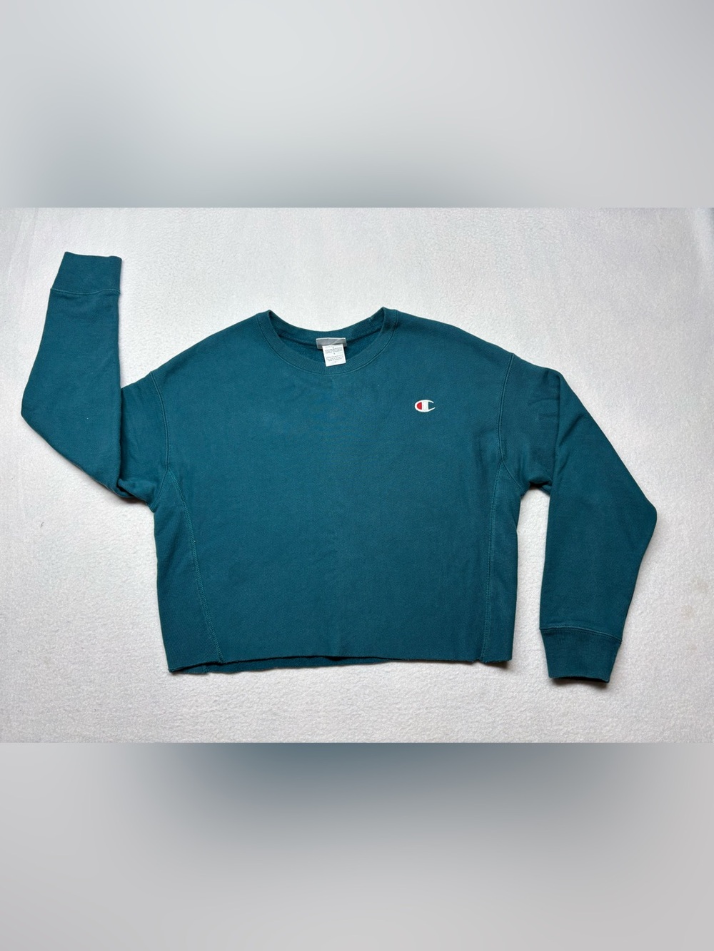 Champion Womens Teal Reverse Weave Cropped Pullover Sweatshirt Logo Size Large